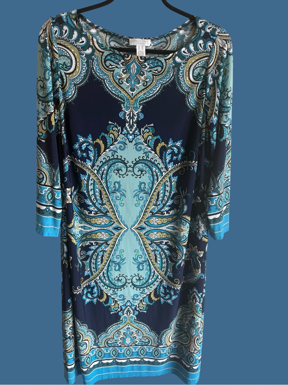 London Times Navy & Teal Paisley Long Sleeve Stretch Dress